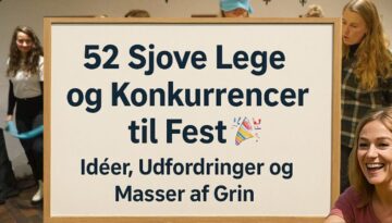 Billedet viser et stort skilt med teksten "52 Sjove Lege og Konkurrencer til Fest – Idéer, Udfordringer og Masser af Grin", perfekt til dem der søger sjove dyster til fest. I baggrunden ses glade deltagere, nogle iført bind for øjnene, hvilket skaber en livlig og festlig stemning.