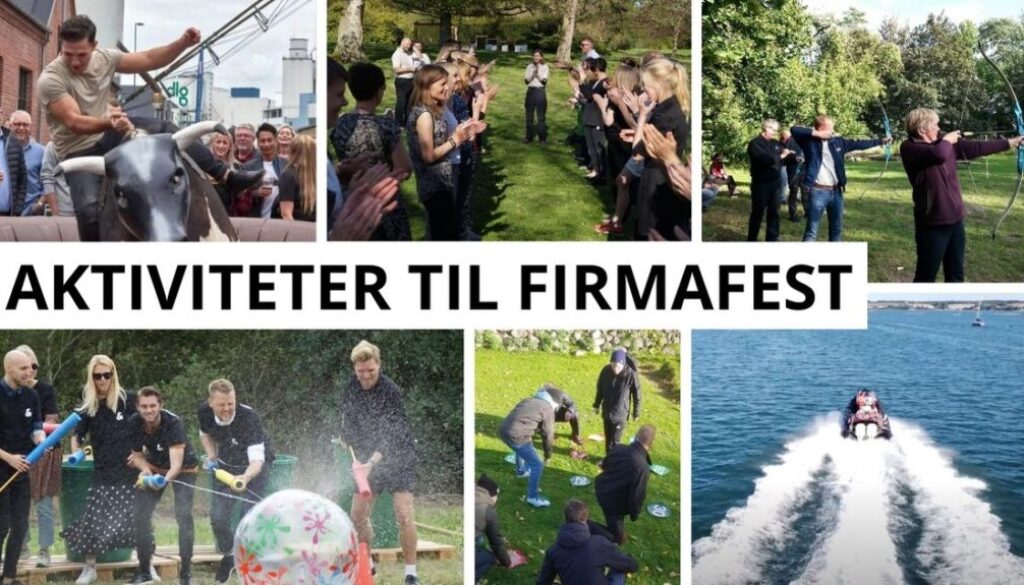 På billedet er en collage af forskellige teambuilding-aktiviteter til en firmafest, illustreret med en klar overskrift "Aktiviteter til Firmafest" øverst. Vi ser medarbejdere engageret i en række interaktive lege: en mand rider en mekanisk tyr til venstre, mens kolleger hepper; i midten klapper en gruppe samstemmende under en leders vejledning; bueskydning fanger deltagere i koncentreret indsats; nederst har vi en vandkrig, og til højre en hurtig bådtur, som tilfører energi og spænding til dagen.