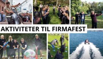 På billedet er en collage af forskellige teambuilding-aktiviteter til en firmafest, illustreret med en klar overskrift "Aktiviteter til Firmafest" øverst. Vi ser medarbejdere engageret i en række interaktive lege: en mand rider en mekanisk tyr til venstre, mens kolleger hepper; i midten klapper en gruppe samstemmende under en leders vejledning; bueskydning fanger deltagere i koncentreret indsats; nederst har vi en vandkrig, og til højre en hurtig bådtur, som tilfører energi og spænding til dagen.