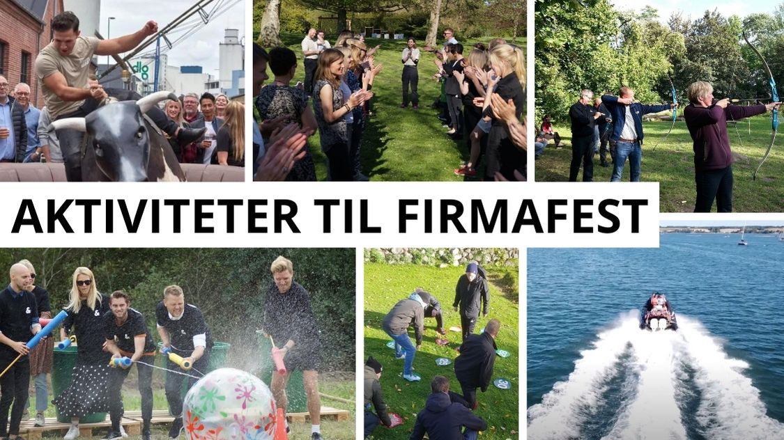På billedet er en collage af forskellige teambuilding-aktiviteter til en firmafest, illustreret med en klar overskrift "Aktiviteter til Firmafest" øverst. Vi ser medarbejdere engageret i en række interaktive lege: en mand rider en mekanisk tyr til venstre, mens kolleger hepper; i midten klapper en gruppe samstemmende under en leders vejledning; bueskydning fanger deltagere i koncentreret indsats; nederst har vi en vandkrig, og til højre en hurtig bådtur, som tilfører energi og spænding til dagen.