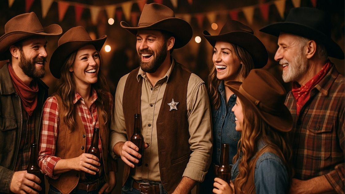 Billedet viser en gruppe mennesker, der nyder en cowboy temafest. De er klædt i typisk western-tøj, inklusiv cowboyhatte, ternet skjorter, og denim. Alle smiler og ser ud til at have det sjovt, mens de holder ølflasker. Baggrunden er udsmykket med festlige lys og farverige flag, hvilket skaber en varm og indbydende atmosfære. Denne scene indfanger essensen af en sjov og afslappet sammenkomst med et stærkt western-tema.