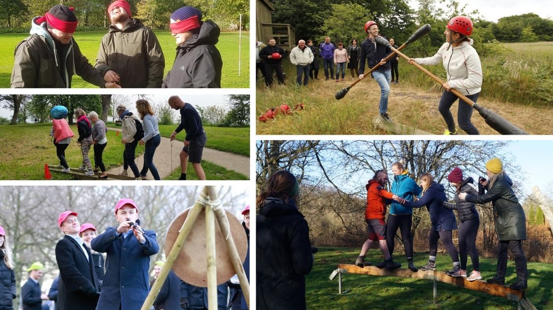 Billedet viser et firmaevent med udendørs teambuilding-aktiviteter, hvor deltagerne udfordres gennem samarbejde, leg og sjove opgaver i naturen.