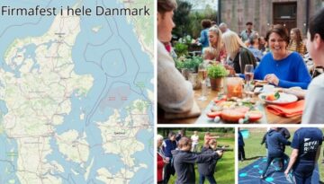 Billedet viser konceptet "Firmafest i hele Danmark" med glade medarbejdere samlet til fest og sjove aktiviteter i naturen. Kortet over Danmark understreger, at arrangementerne kan afholdes overalt i landet – både med mad, hygge og underholdende teamaktiviteter.