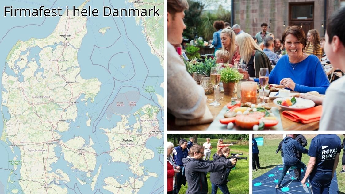 Billedet viser konceptet "Firmafest i hele Danmark" med glade medarbejdere samlet til fest og sjove aktiviteter i naturen. Kortet over Danmark understreger, at arrangementerne kan afholdes overalt i landet – både med mad, hygge og underholdende teamaktiviteter.