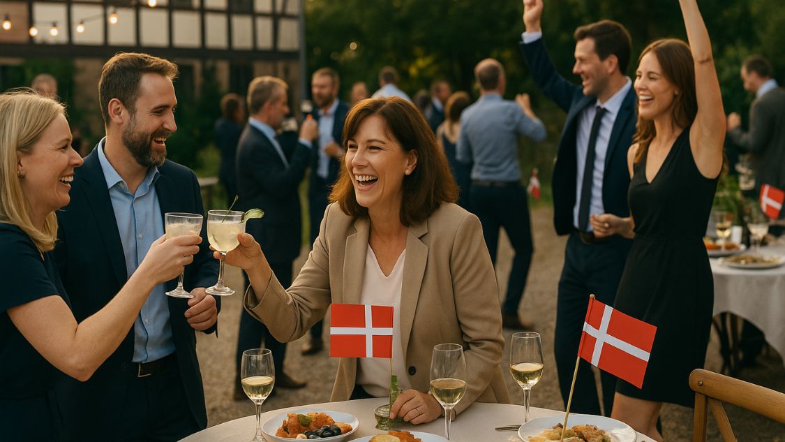 Billedet viser en udendørs firmafest, hvor glade deltagere i festtøj skåler og griner sammen. Der står danske flag på bordene, som er dækket med vin, mad og drinks, og stemningen er livlig, uformel og festlig.