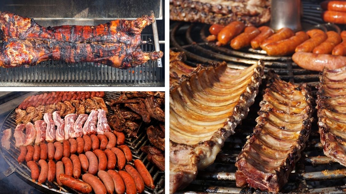 Billedet viser lækker grillmad i stor stil – perfekt til firmafest eller større arrangementer. Her er der saftige spareribs, grillede pølser, flæskesteg og helstegt pattegris, som garanterer smagfuld mad og mættede gæster.