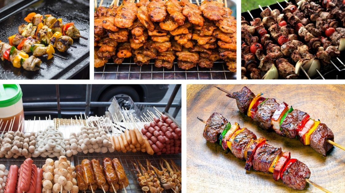 Billedet viser et lækkert udvalg af grillspyd – perfekte til større events og firmafester. Her ses både saftige kødspyd, farverige grøntsagsspyd og variationer med pølser og kylling. Grillspyd er nemme at servere, lette at spise og skaber en hyggelig stemning omkring grillen. En ideel løsning til udendørs arrangementer med mange gæster.