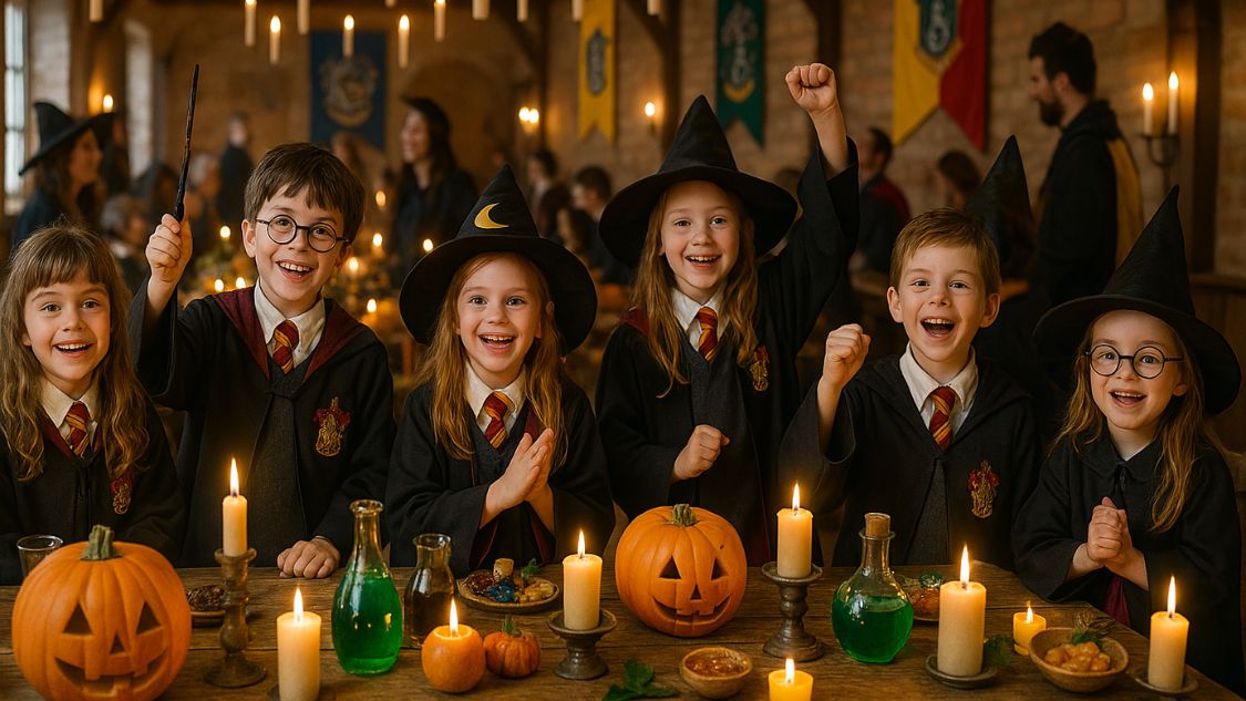 Billedet viser en gruppe glade børn klædt ud som elever fra Harry Potter-universet, omgivet af stearinlys, græskar og magiske rekvisitter. De sidder ved et langt bord og fejrer en stemningsfuld temafest med ægte Hogwarts-stemning, fyldt med smil, tryllestave og eventyr.