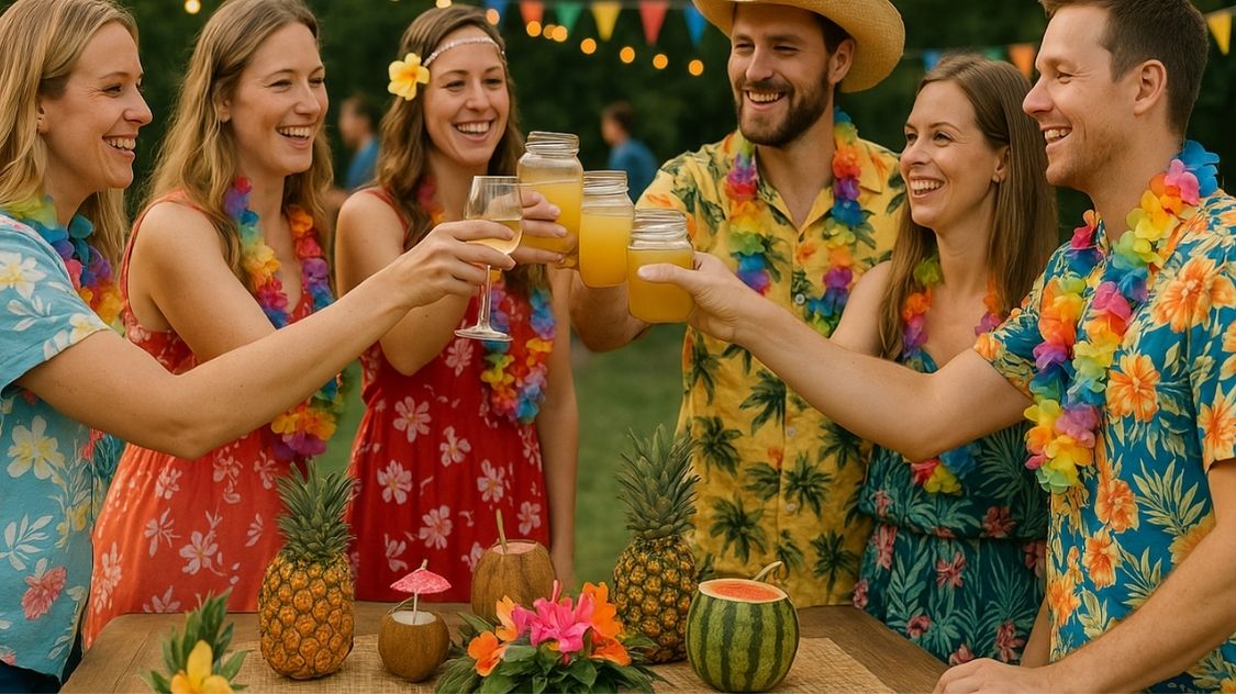 Billedet viser en farverig og festlig Hawaii-temafest, hvor deltagerne skåler og nyder tropiske drikke i festligt sommertøj med blomsterkranse og hawaiiskjorter. Bordet er pyntet med frisk frugt som ananas, kokosnødder og vandmelon, og stemningen er afslappet og glad – perfekt til en uforglemmelig firmafest med sommerstemning!