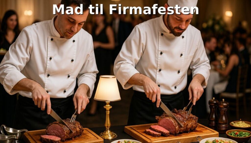 To kokke står og skærer saftigt oksekød ved en buffet til en firmafest. De arbejder koncentreret, mens gæsterne i baggrunden nyder stemningen og venter på at blive serveret. Maden præsenteres elegant med tilbehør og små lamper, der skaber en eksklusiv og indbydende atmosfære.