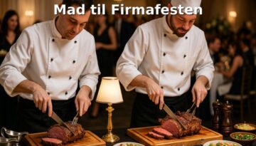 To kokke står og skærer saftigt oksekød ved en buffet til en firmafest. De arbejder koncentreret, mens gæsterne i baggrunden nyder stemningen og venter på at blive serveret. Maden præsenteres elegant med tilbehør og små lamper, der skaber en eksklusiv og indbydende atmosfære.