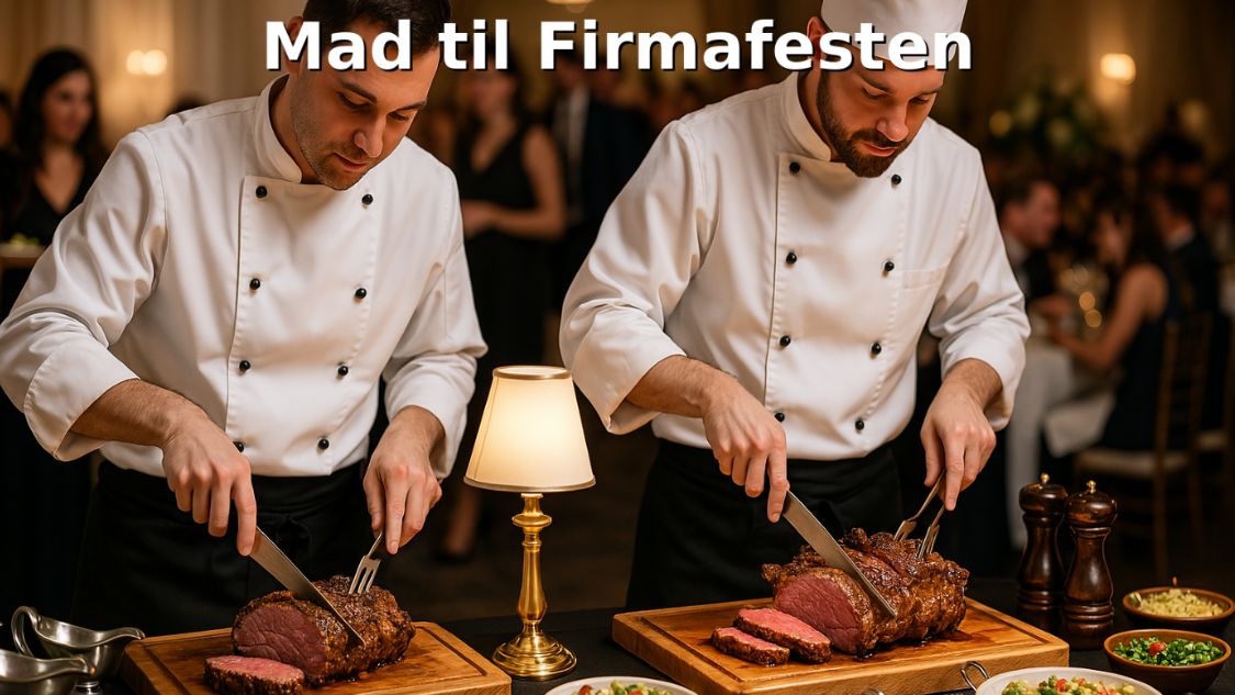 To kokke står og skærer saftigt oksekød ved en buffet til en firmafest. De arbejder koncentreret, mens gæsterne i baggrunden nyder stemningen og venter på at blive serveret. Maden præsenteres elegant med tilbehør og små lamper, der skaber en eksklusiv og indbydende atmosfære.