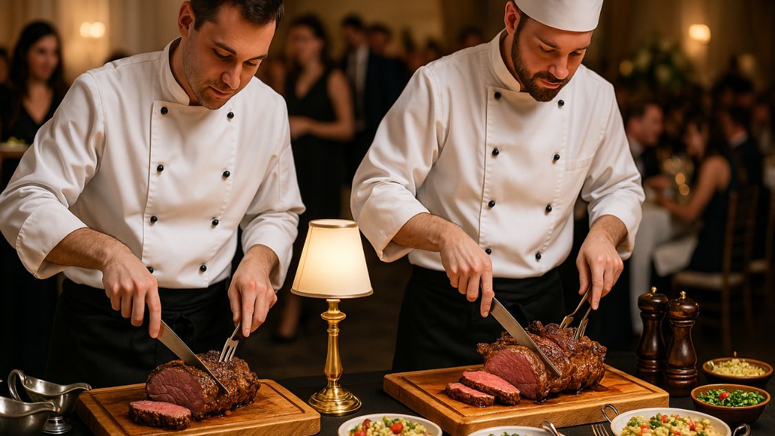 To kokke står og skærer saftigt oksekød ved en buffet til en firmafest. De arbejder koncentreret, mens gæsterne i baggrunden nyder stemningen og venter på at blive serveret. Maden præsenteres elegant med tilbehør og små lamper, der skaber en eksklusiv og indbydende atmosfære.
