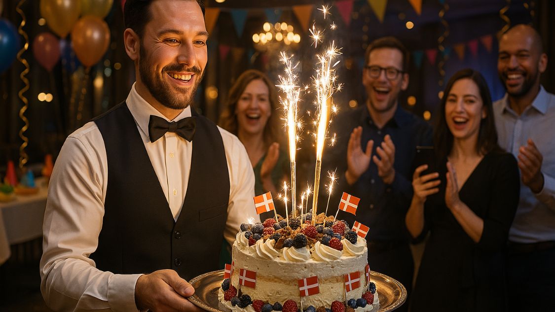 En smilende tjener bærer en flot lagkage pyntet med danske flag, bær og stjernekastere, mens kolleger klapper og jubler i baggrunden. Stemningen er festlig og varm, og kagen sætter prikken over i’et til firmafestens fejring.