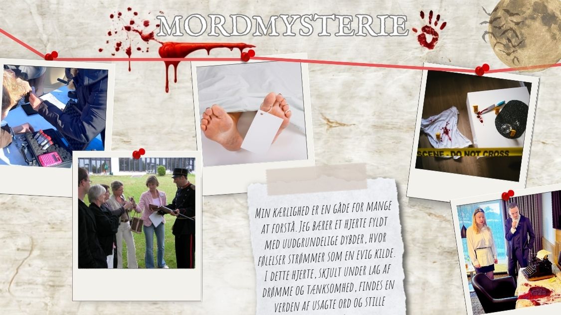 Billedet viser en spændende mordmysterie-aktivitet for voksne, hvor deltagerne undersøger spor, afhører vidner og samarbejder om at opklare et fiktivt mord i bedste krimistil.