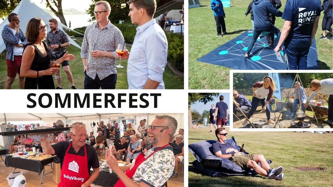 Billedet viser en stemningsfuld sommerfest med glade mennesker, sjove aktiviteter, god mad og afslapning i solen – perfekt til en uformel og hyggelig dag for medarbejdere.