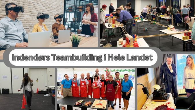 Teambuilding Indendørs Aktiviteter Billedet er en collage med teksten "Indendørs Teambuilding i Hele Landet" i midten. Rundt om ses forskellige indendørs aktiviteter: folk prøver VR-briller, samarbejder om kreative opgaver, deltager i madlavningsevents og løser gåder i et escape room-setup. Stemningen er engageret, lærerig og social.