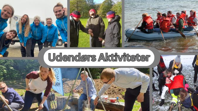 Teambuilding Udendørs Aktiviteter Billedet er en collage med teksten "Udendørs Aktiviteter" i midten. Rundt om ses forskellige teambuilding-aktiviteter i naturen: folk i blå jakker, samarbejdsøvelser med bind for øjnene, rafting på vandet, madlavning over bål og en gruppe, der hjælper hinanden i sneen. Stemningen er aktiv, sjov og samarbejdende.