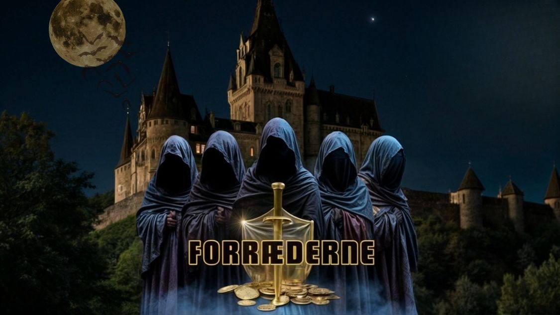 Billedet viser et dramatisk og mystisk firmaevent med temaet "Forræderne". Fem kutteklædte figurer står foran et slot i nattemørke omgivelser med en fuldmåne i baggrunden. Stemningen er intens og hemmelighedsfuld – perfekt til et spændingsfyldt teambuilding-event med intriger, samarbejde og strategi.