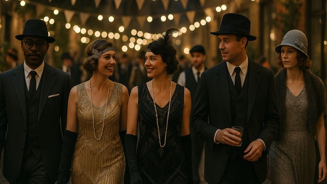 1920'er temafest: En gruppe elegant klædte mennesker, med kvinder i perlekæder og pailletkjoler og mænd i jakkesæt og hatte, nyder en aften med jazz og glamour.