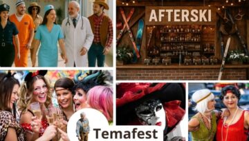 Billedet "Temafest ideer voksne" viser et farverigt og festligt udvalg af udklædninger og stemninger, der passer perfekt til voksne fester. Fra læger, cowboys og fanger, til maskebal, afterski og 1920’er glamour – her er inspiration til enhver smag.