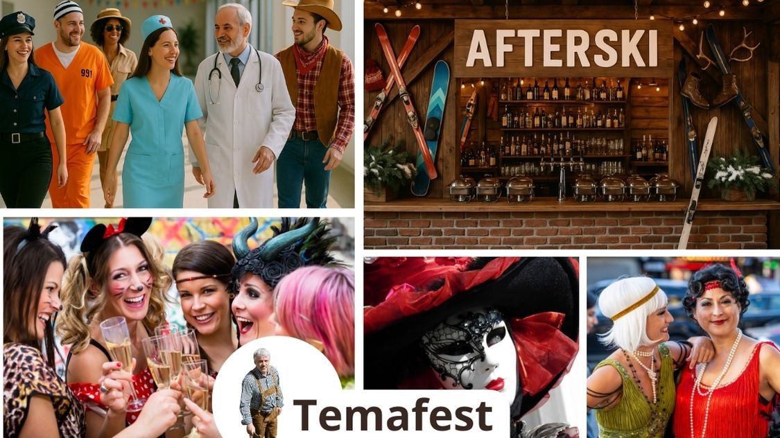Billedet "Temafest ideer voksne" viser et farverigt og festligt udvalg af udklædninger og stemninger, der passer perfekt til voksne fester. Fra læger, cowboys og fanger, til maskebal, afterski og 1920’er glamour – her er inspiration til enhver smag.