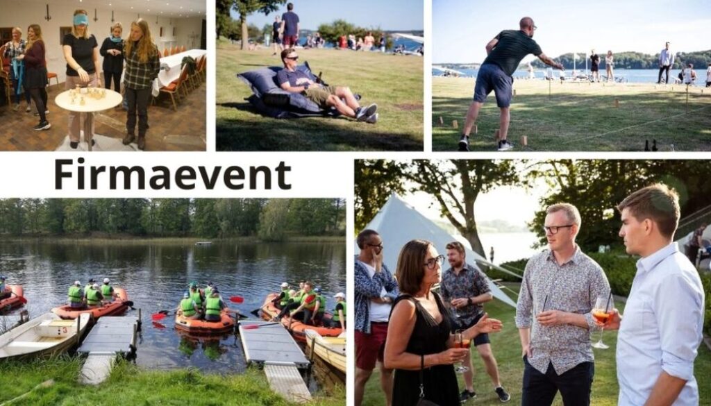 Billedet viser et firmaevent med blandede aktiviteter – fra samarbejdslege og udendørs hygge til sjove spil og rafting. En dag fyldt med fællesskab, afslapning og gode oplevelser.