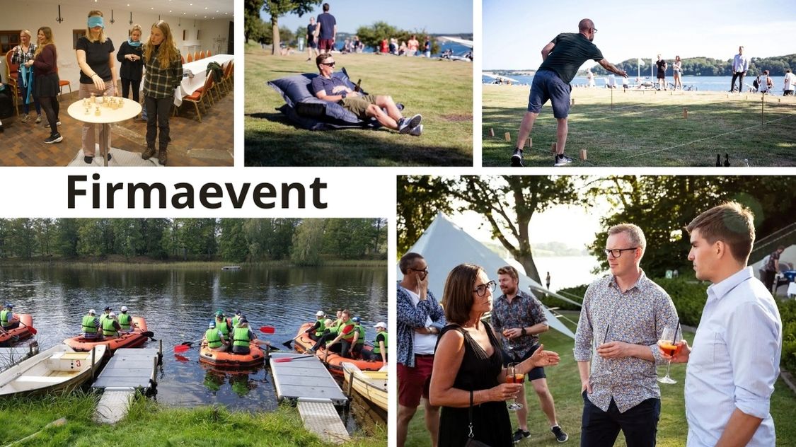 Billedet viser et firmaevent med blandede aktiviteter – fra samarbejdslege og udendørs hygge til sjove spil og rafting. En dag fyldt med fællesskab, afslapning og gode oplevelser.