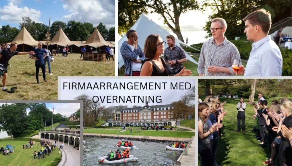 Billedet er en collage med stemningsfulde scener fra et firmaarrangement med overnatning. Vi ser deltagere i aktiviteter på en græsmark med telte, samtaler ved søbredden med drinks i hånden, samarbejdsøvelser i det grønne og rafting ved en elegant herregård. Stemningen er afslappet, social og fyldt med fællesskab.