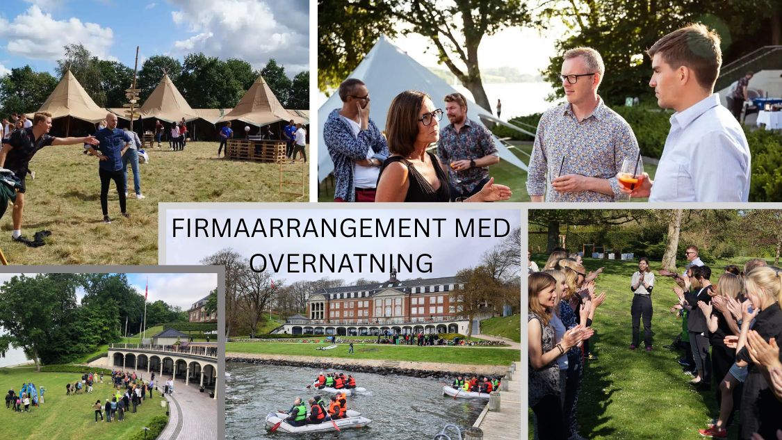 Billedet er en collage med stemningsfulde scener fra et firmaarrangement med overnatning. Vi ser deltagere i aktiviteter på en græsmark med telte, samtaler ved søbredden med drinks i hånden, samarbejdsøvelser i det grønne og rafting ved en elegant herregård. Stemningen er afslappet, social og fyldt med fællesskab.
