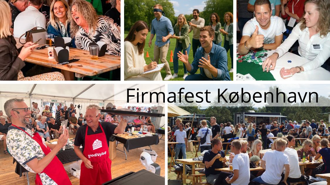 Billedet summer af stemning, latter og fællesskab – perfekt til en firmafest i København. Øverst ser vi kollegaer, der hygger sig med spil, quiz og udendørs lege. Nederst bringer et stort telt og langborde minder om en festlig sommerdag med god mad, grill og glade mennesker. Midterfeltet viser to mænd i røde forklæder, der griner, mens de laver mad – et billede på afslappet teamwork og sjov. Helheden formidler et levende indtryk af en firmafest med både aktiviteter, mad, konkurrence og masser af grin.