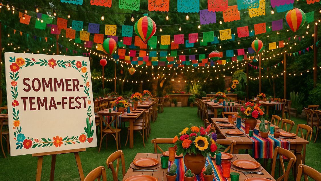 Billedet viser en farverig og festlig sommer-temafest dækket op i en have med langborde, blomsterdekorationer og kulørte lamper. Over bordene hænger farverige vimpler og papirflag, og et skilt med teksten "SOMMER-TEMA-FEST" byder velkommen. Stemningen er livlig, indbydende og klar til fest i det fri.