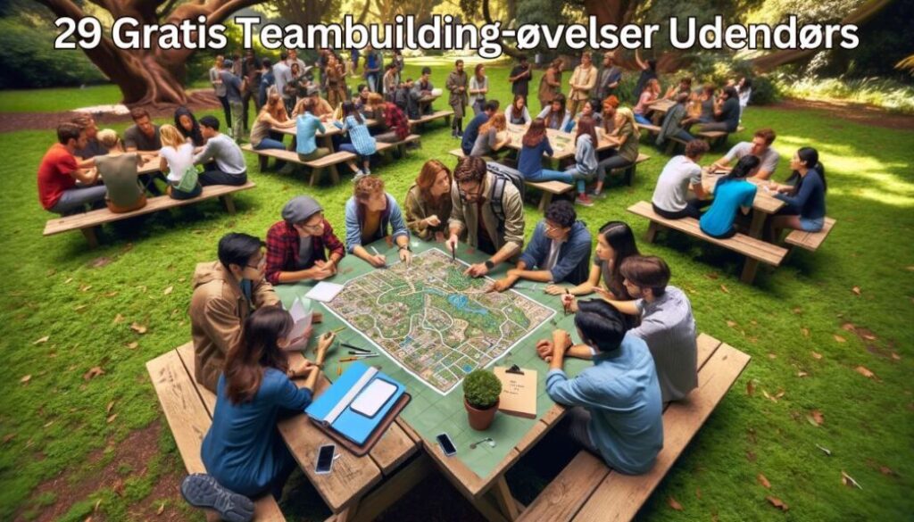 Billedet viser mange små grupper af mennesker, der sidder ved udendørs borde i en park og samarbejder om forskellige teambuilding-øvelser. I forgrunden arbejder en gruppe koncentreret omkring et stort kort. Stemningen er fokuseret og engageret – perfekt ramme for udendørs samarbejdsøvelser. Teksten øverst lyder: "29 Gratis Teambuilding-øvelser Udendørs".